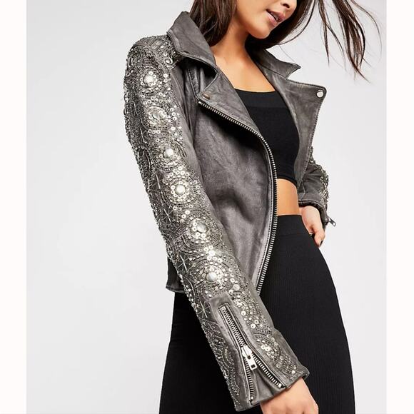 NWT Free People Genuine Leather Circle Embellished XS Jacket - Picture 1 of 10